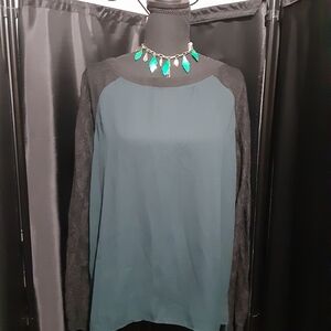 LOFT Teal Green and Black Women's Blouse Lace Long Sleeves Size M Office